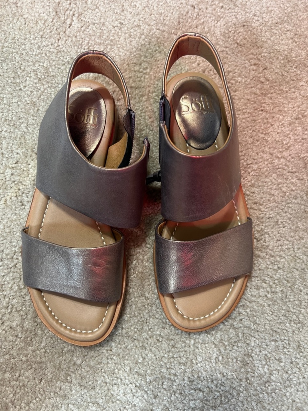 Sofft Metallic Bronze Two-Strap Slingback Sandals in pewter color/ bronze